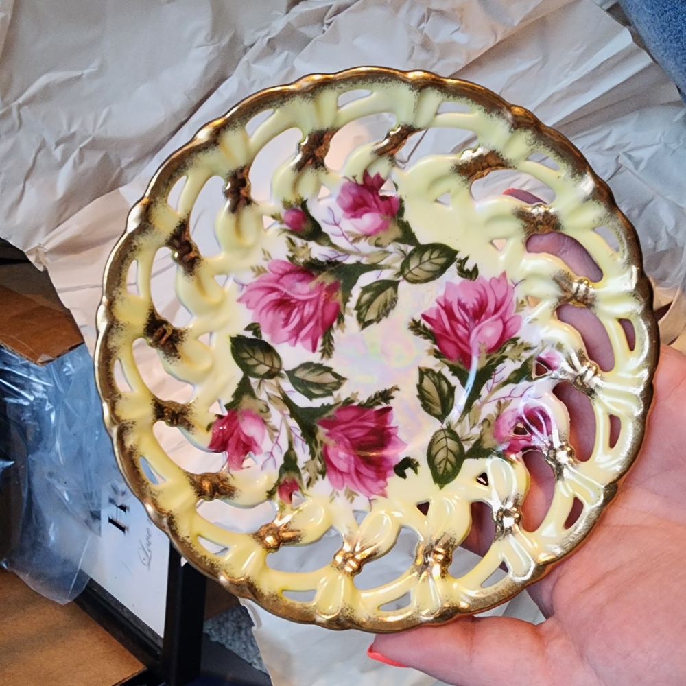 Floral Decorative Plate with Gold Accents